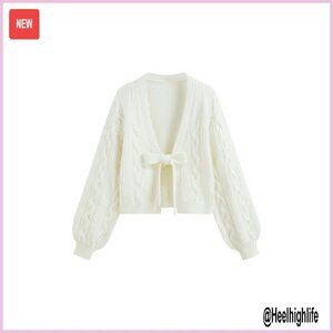 Cropped Cable Knit Cardigan Tie Front V-Neck Sweater Cozy Fall